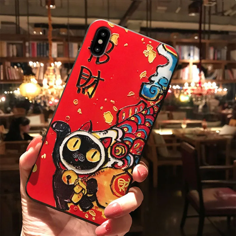 JIBAN китайский стиль Lucky Cat чехол для телефона IPhone XSmax XR X 3d рельефный Iphone 6 6S 6plus 7plus 8