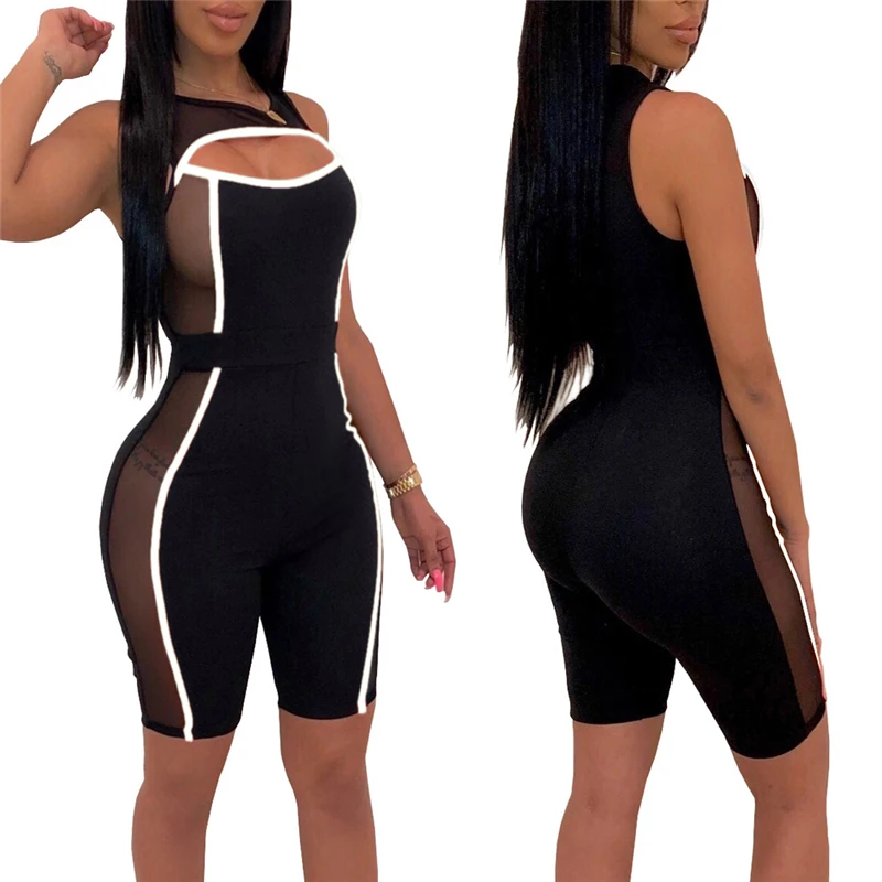 Sexy Women Sleeveless Mesh Patchwork Jumpsuit 2019 New See Through Bodysuit One-piece Cut Off Hole Rompers Beach Sports Playsuit | Женская