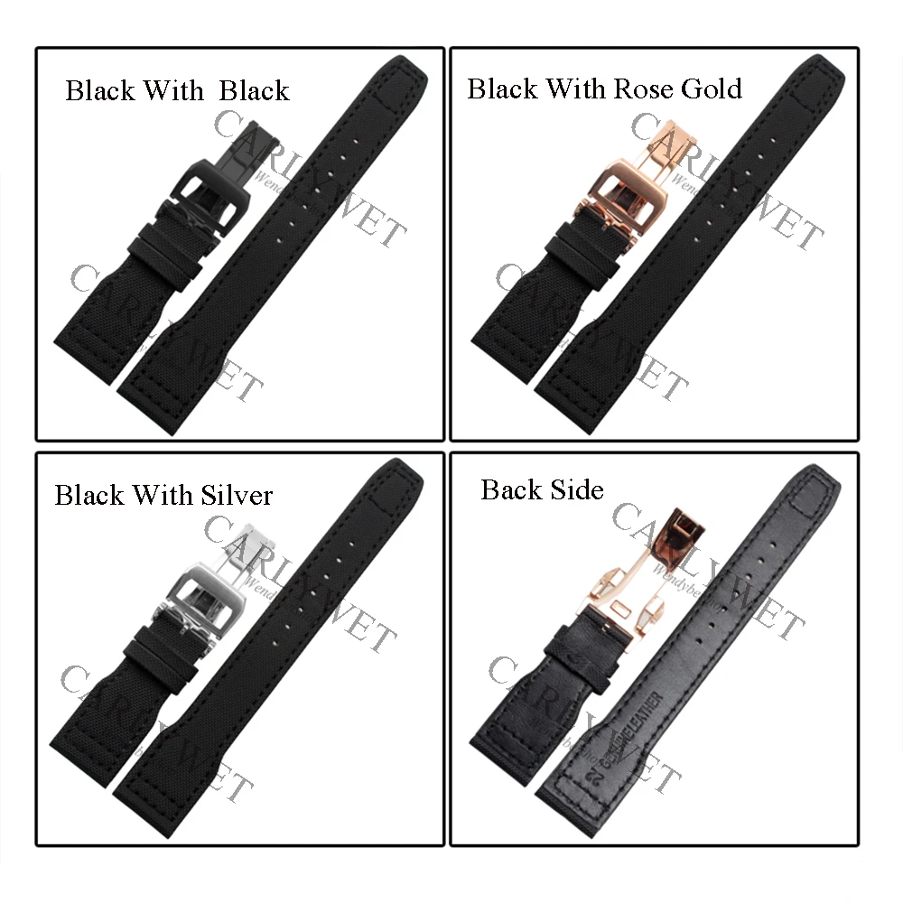 CARLYWET 22mm Black Nylon Fabric Leather Band Wrist Watch Band Strap Belt For PILOT'S WATCHES/Portugieser PORTUGUESE