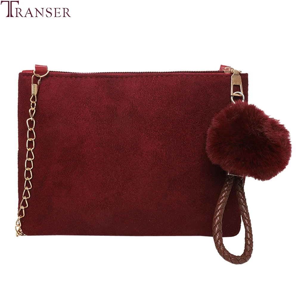 Transer Crossbody Clutch Bag for Women Hairball Solid Color Shoulder Female Zipper Suede Handbags Bolsas Feminina 2018 #35|Клатчи| |