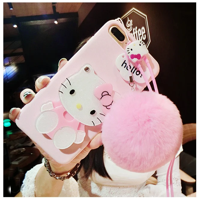 Hello kitty Cosmetic mirror TPU cases for iphone 7 7plus 6 6s plus back cover Fluffy Rex Rabbit wool ball girl tpu pink |
