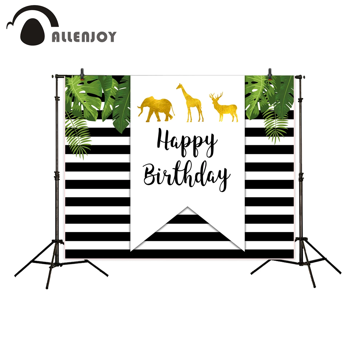 

Allenjoy фон для фотостудии черно-белые полосы зеленые растения золотые животные день рождения фон для фотосъемки новорожденных