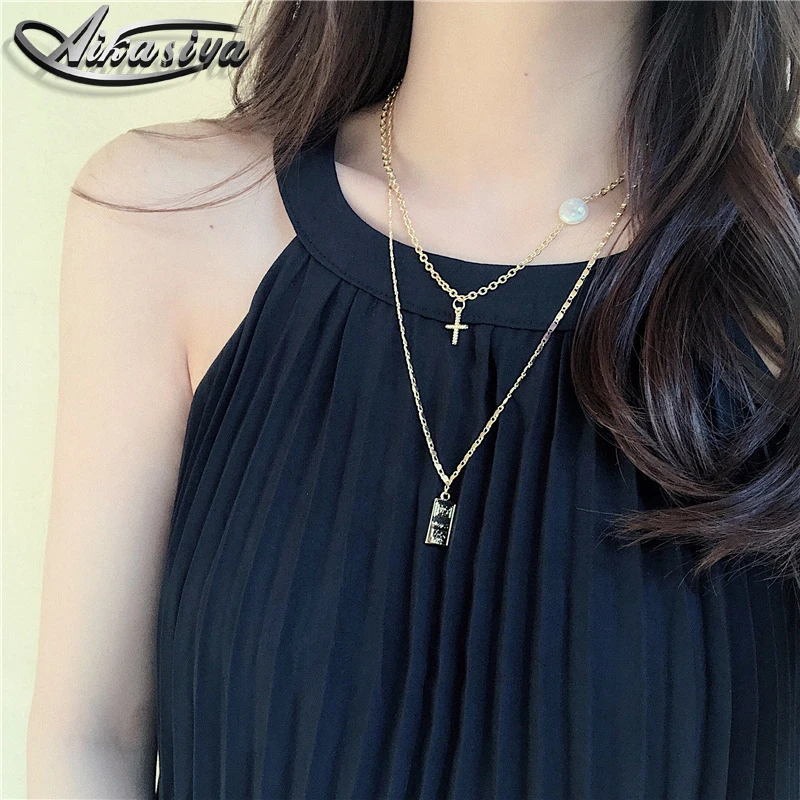 Aikasiya Fashion Double-layer Gold Necklace for Women Cross Portrait Pendant Natural Pearl Female Jewelry | Украшения и