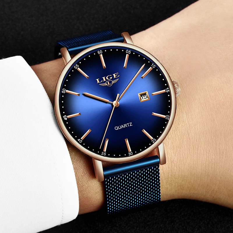 LIGE модные мужские часы Топ бренд класса люкс синие водонепроницаемые ультра