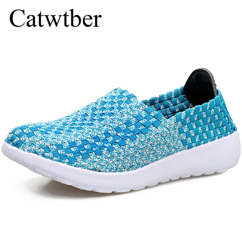 Catwtber Лето Для женщин на плоской платформе нейлон плетеные туфли женские ручной