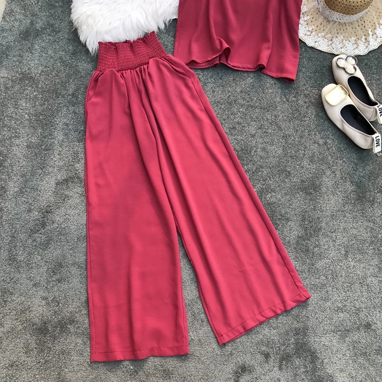 ALPHALMODA/ Летняя женская Свободная майка+ широкие брюки, повседневный комплект из 2 предметов, однотонный наряд с шортами, брюки, комплект из 2 предметов