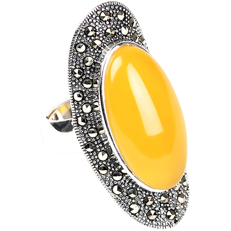 Bohemian style 925 Sterling silver Natural semi-precious stones yellow chalcedony Vintage big Rings women Jewelry lovers gift | Украшения и