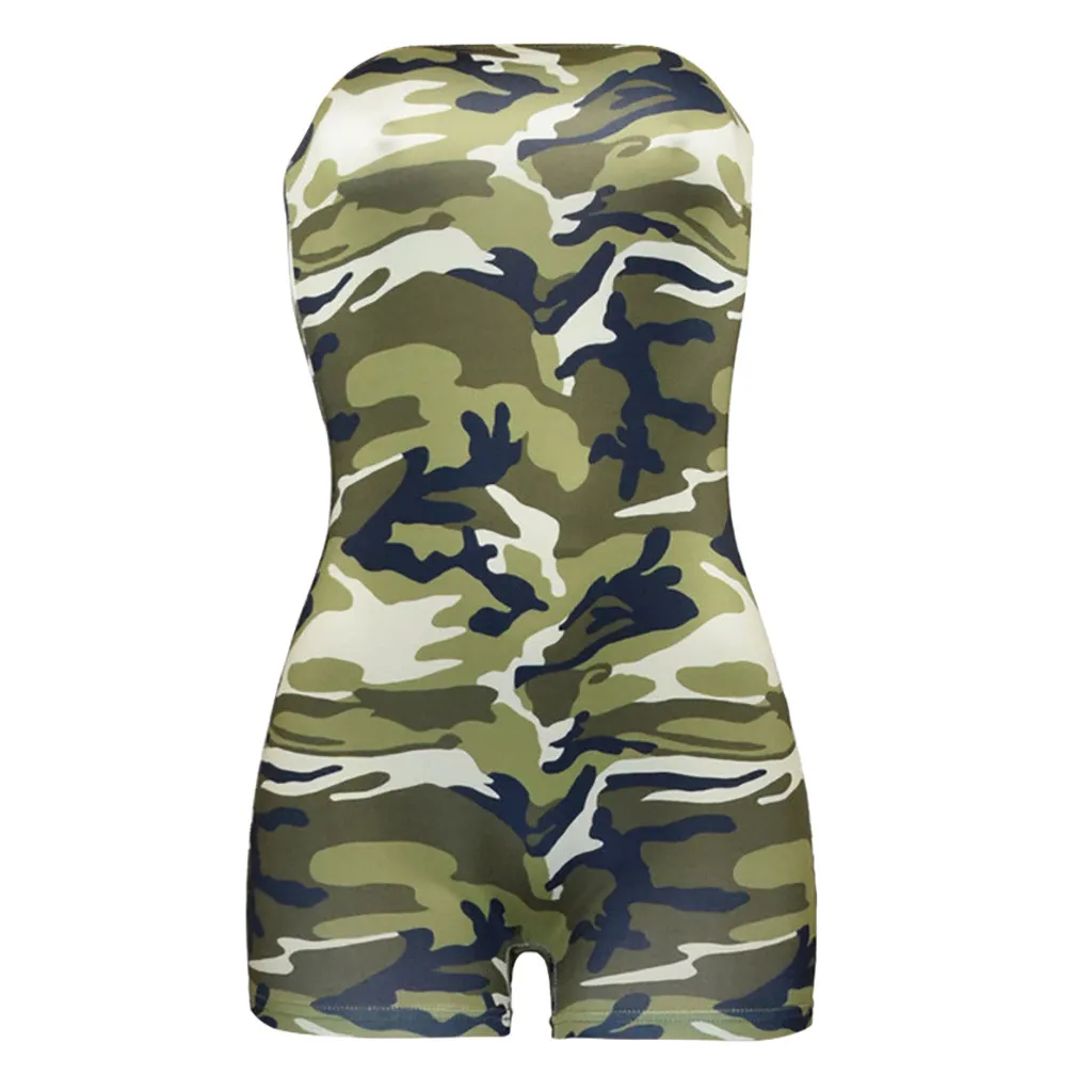 С открытыми плечами женский пляжный костюм с шортами Femme onesies военный камуфляжный комбинезон бодикон без рукавов короткий комбинезон лето