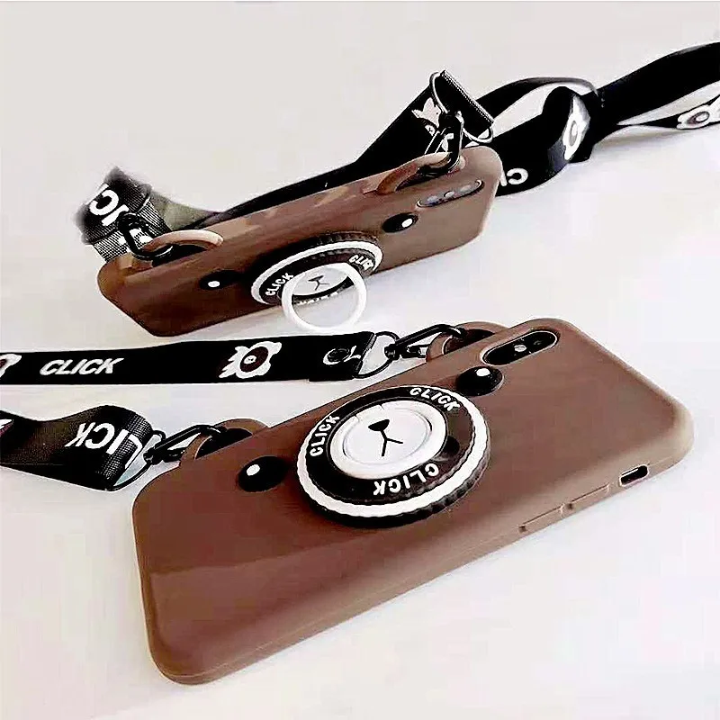 Bear Camera Pattern Phone Case For iPhone 8 plus X XR XS Max 6 6s 7 Plus Cute Retro Soft silicone with Lanyard Bracket |
