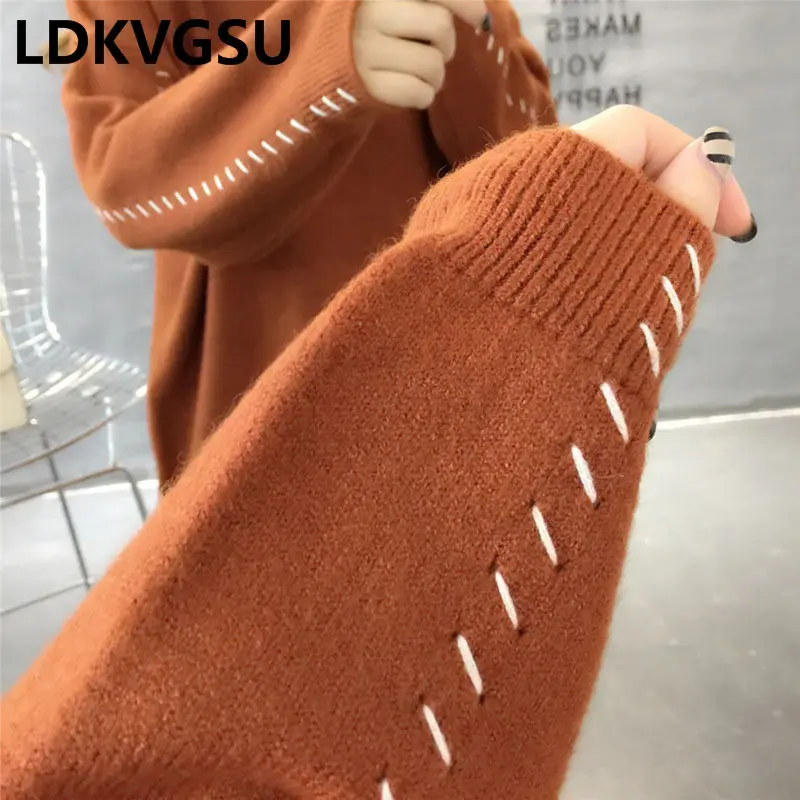 

Korean 2018 Autumn Winter New Large Size Women's Half High Collar Pullover Sweater Solid Color Casual Loose Short Sweater Is1470