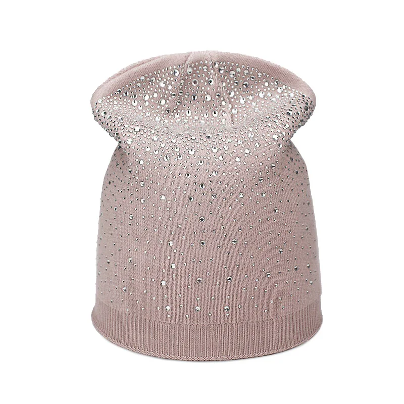 Light purple Женские зимние шапки бини вязаные шапки женские мигающие Стразы капот для девушек Skullies шляпа touca Feminina Inverno Новинка - Цвет: Light purple