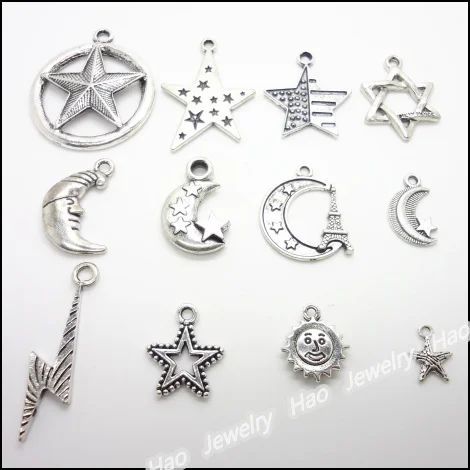 Смешанный 120 шт Винтажный серебряный цинковый сплав Звезды Луна солнце Подвески
