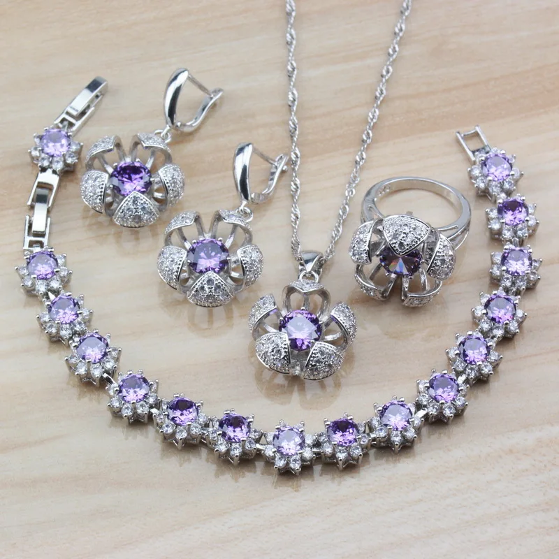 Романтические Свадебные Ювелирные наборы серебряного цвета с фиолетовыми