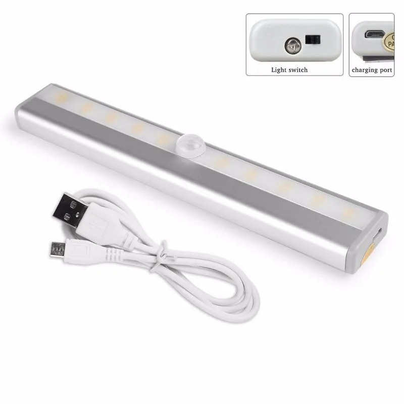 

Jiaderui Wireless Sensor LED Night Light USB Rechargeable Closet Lamps Infrared Motion Detector 10LED Cabinet Lights for Kitchen