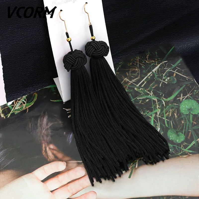 Black 1 VCORM, богемные серьги с кисточками и кристаллами, длинные висячие серьги для женщин, красный хлопок, шелк, ткань, бахрома, серьги, Модные женские ювелирные изделия - Окраска металла: Black 1