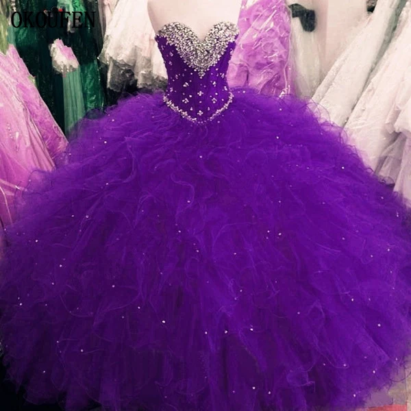 

Purple Girls Quinceanera Dresses Sparkly Beading Ruffles Tulle Sweet 16 Prom Birthday Gown Red Fuchsia debutante vestido 15 anos