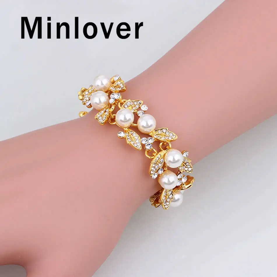 Minlover элегантный слоновой кости имитация жемчуга кристалл браслет для женщин Femme серебро/золото цвет страз в форме листика браслет SL089