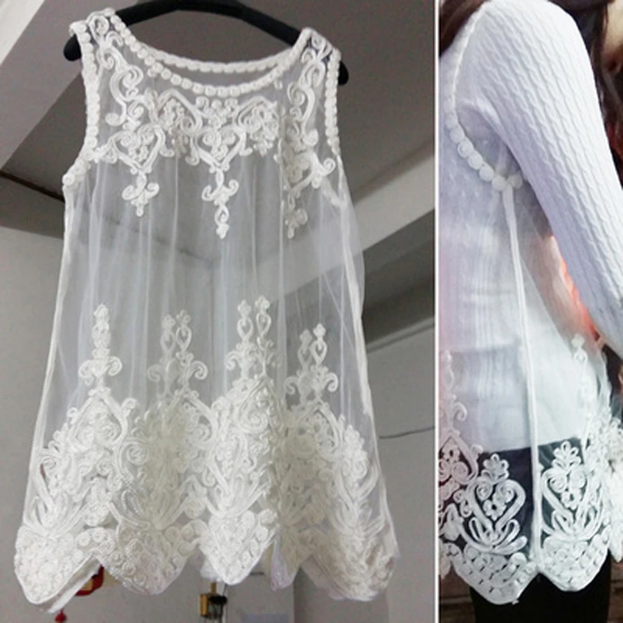 XUANSHOW Summer Women Lace Top Sexy Mesh Shirt Embroidered Flowers Hollow Out T shirts