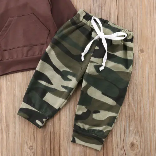 Fall Spring Kid Boy Clothes Baby Long Sleeve Hooded Pocket Tops+Camo Pants Cotton Nebworn Children Outfits Set |
