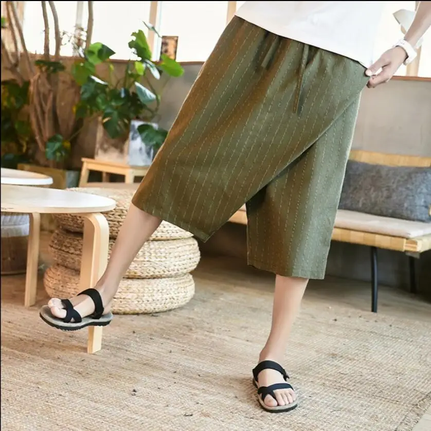 

M-3xl Special Price Summer Thin Section Men's Linen Five Shorts Tide Youth Elastic Waist Straight Wide Leg Knee Striped Shorts