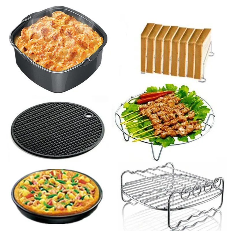 6pcs/set 8 Inch Air Fryer Accessories Set Frying Pan Multi-functional Kitchen Accessory Square Baking Basket | Дом и сад