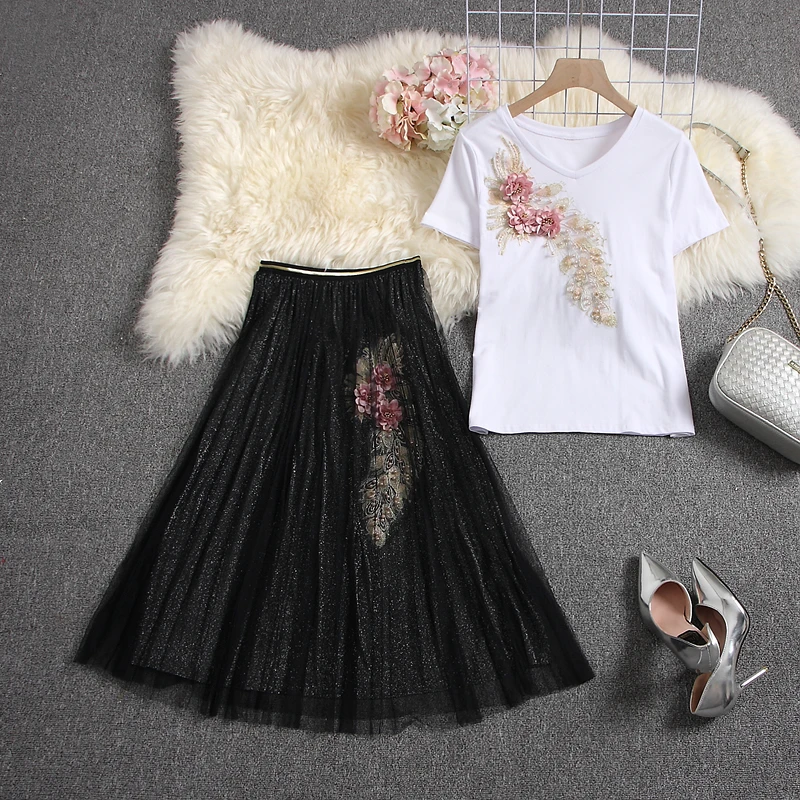 ALPHALMODA, модные футболки с цветочной аппликацией+ юбка до середины икры с цветочным рисунком, женские летние аккуратные модные комплекты с тяжелой юбкой