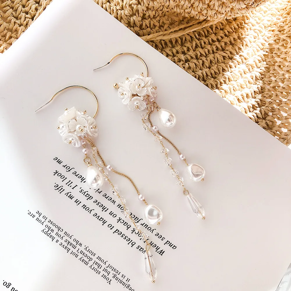 Dominated 2019 Fashion Style Shell Flower Pearl Women Drop earrings Contracted crystal long tassel |