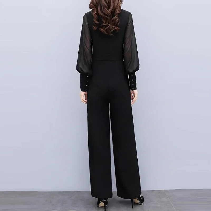 

2019 Jumpsuits For Women Autumn Korean Office Lady Elegant Chiffon Lapel V Neck Long Sleeve Wide Leg Overalls Black White AA4737