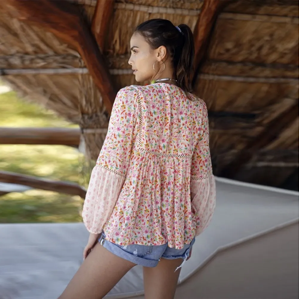 2019 Floral Womens Blouse Pink Boho Casual Sweet Girl Female Shirt Spring Summer Women Plus Size Tops |