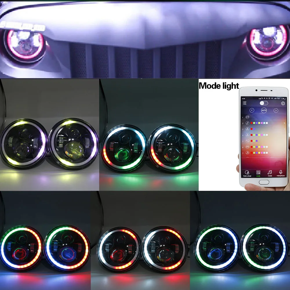 7 дюймов светодиодные фары лампы RGB Halo Ангел глаз с DRL удалённое воспроизведение