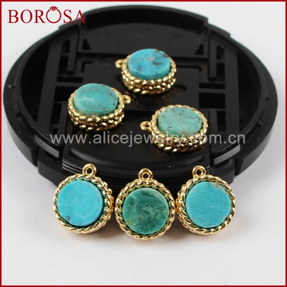 

BOROSA New Arrival 8mm Round Gold Color Bezel 100% Natural Blue Stone Pendant Bead Gems Charm for Necklace Druzy Jewelry ZG0163
