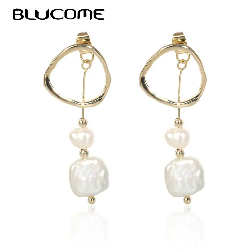 Blucome корейские пресноводные жемчужины неправильной формы Женские Висячие серьги золотого цвета массивные геометрические вечерние серьги ручной работы подарки висячие серьги