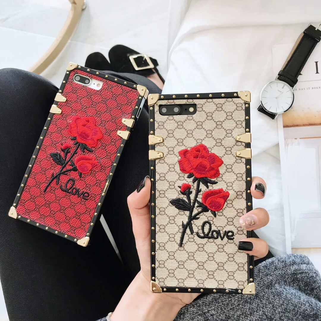 Роскошные Чехлы с 3D розами и вышивкой для iPhone 6, 6s, 7, 8 Plus, X, XR, XS, MAX, 11 квадратных металлических рамок, модный бренд, задняя крышка с розами