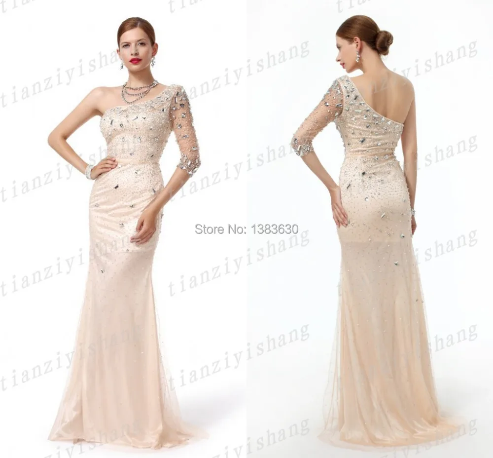 Free Shipping 2015 Latest Satin One Shoulder Half Sleeve Sheath Beads Crystal Long Vestido de Festa Longo Evening Party Dresses|beaded silk chiffon