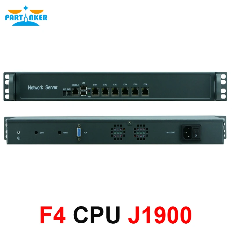 Partaker 1U rackmount server fanless Intel Celeron Quad Core J1900 with 6 ethernet LAN ports network security firewall linux
