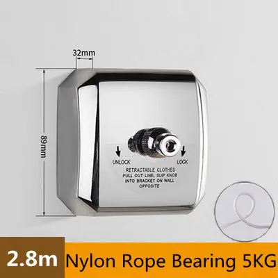 Chrome Nylon Rope 2,8 м наружная Выдвижная сушилка для одежды из нержавеющей стали, противоскользящая Домашняя одежда, веревка для белья, вешалка для одежды - Цвет: Chrome Nylon Rope