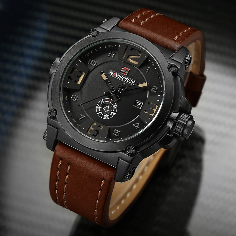 Часы NAVIFORCE мужские спортивные кварцевые с кожаным ремешком водонепроницаемые