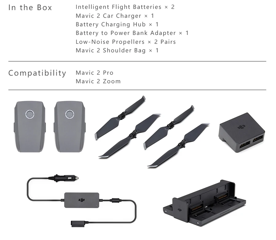 DJI Mavic 2 Fly больше комплектов включает автомобильное зарядное устройство для зарядки хаб Аккумуляторный блок питания адаптер малошумные пропеллеры сумка через плечо