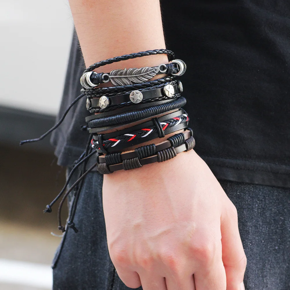 Мужские браслеты 2018 винтажные плетеные кожаные браслеты Leaf Star Combination 5 Piece Set подарки для мужчин Ювелирные изделия Charm Holiday on.
