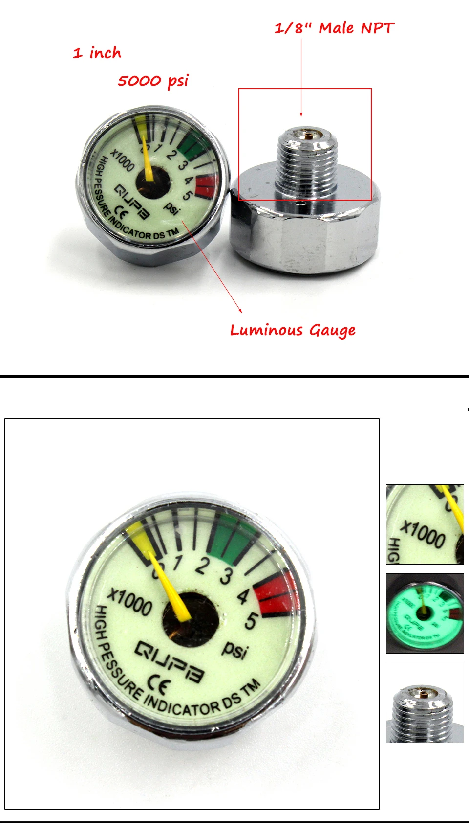 QUPB 1 дюймов PCP Пейнтбол Манометр давления воздуха 5000psi световой 1/8 NPT GES004