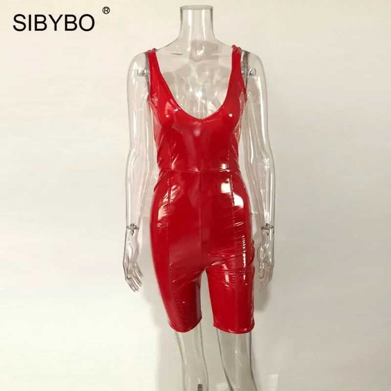 Красный Женское боди из искусственной кожи Sibybo, комбинезоны с открытой спиной и глубоким v-образным вырезом, костюмы для стройных, повседневный укороченный комбинезон на лето - Цвет: Красный