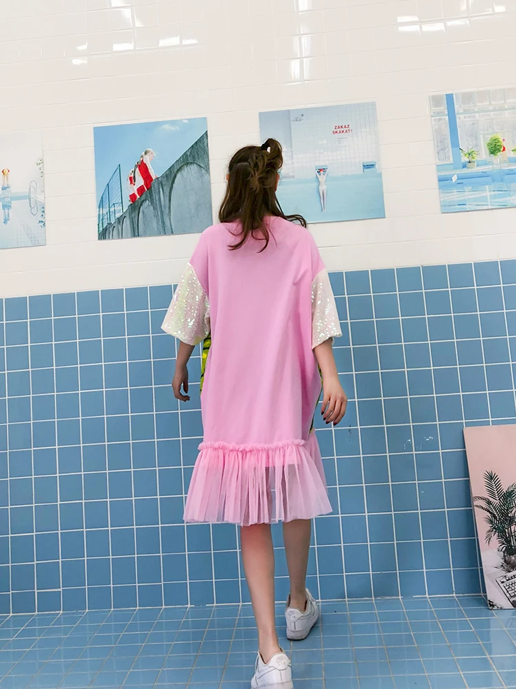 Oversize платья летние женские рисунком кролика Луки блестки с длинным рукавом