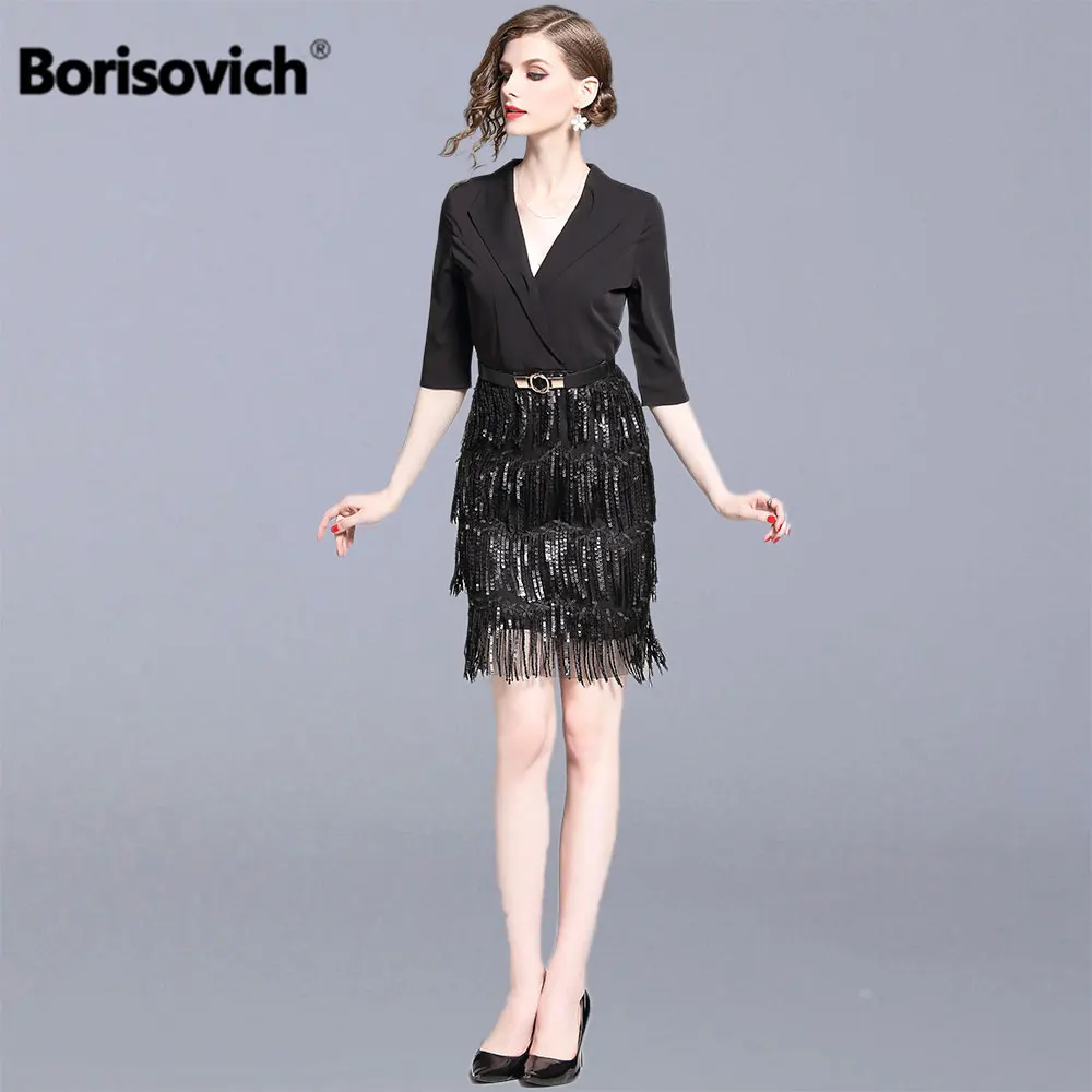 Borisovich офисное женское элегантное вечернее платье, бренд, модное роскошное женское платье-карандаш длиной до колена с v-образным вырезом и кисточками N1182