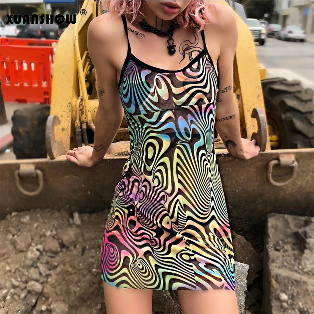XUANSHOW Robe Femme Ete 2018 сексуальное разноцветное мини платье на бретельках женское в