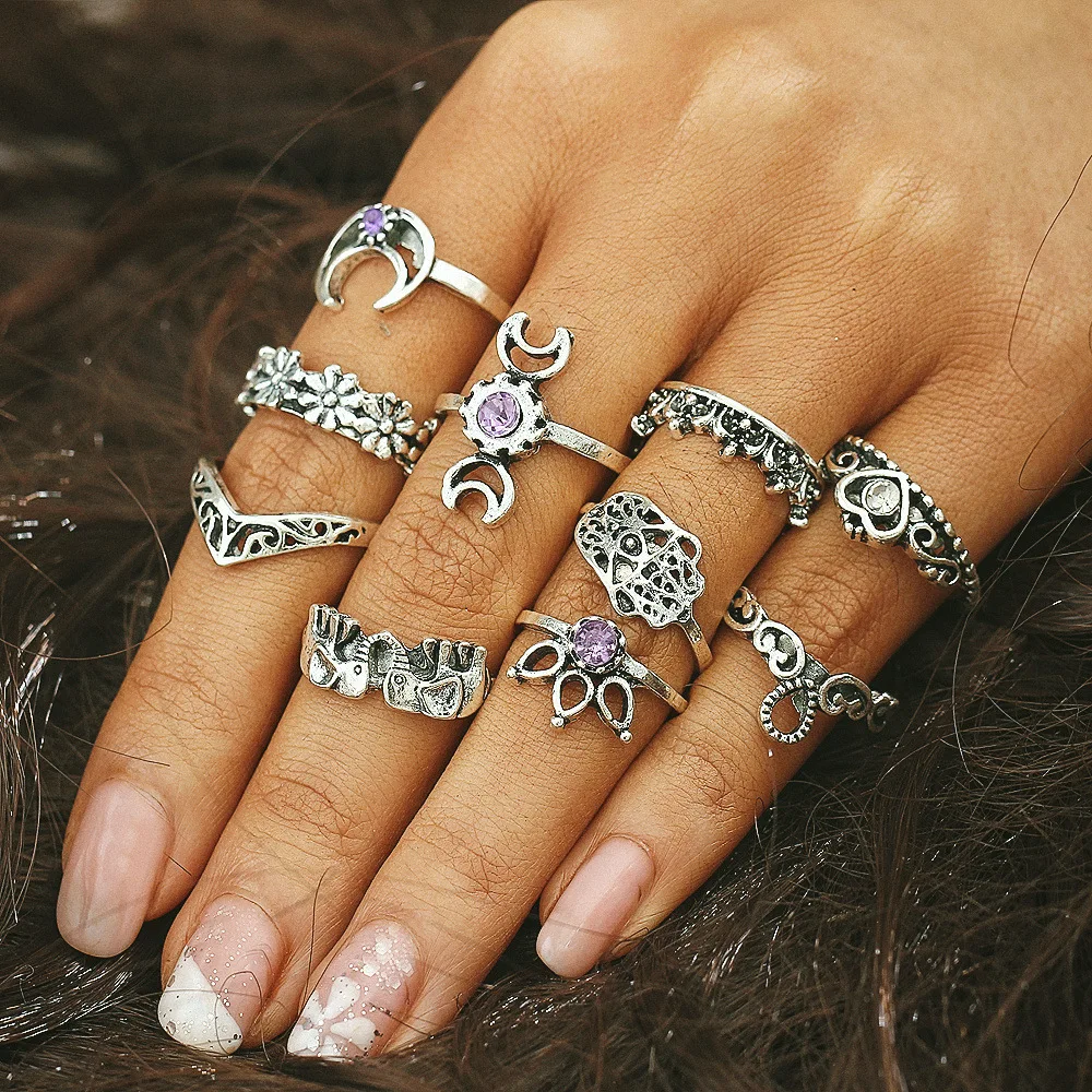 10 шт./Партия набор колец старинное серебро Цвет полый цветок слон Солнце Луна