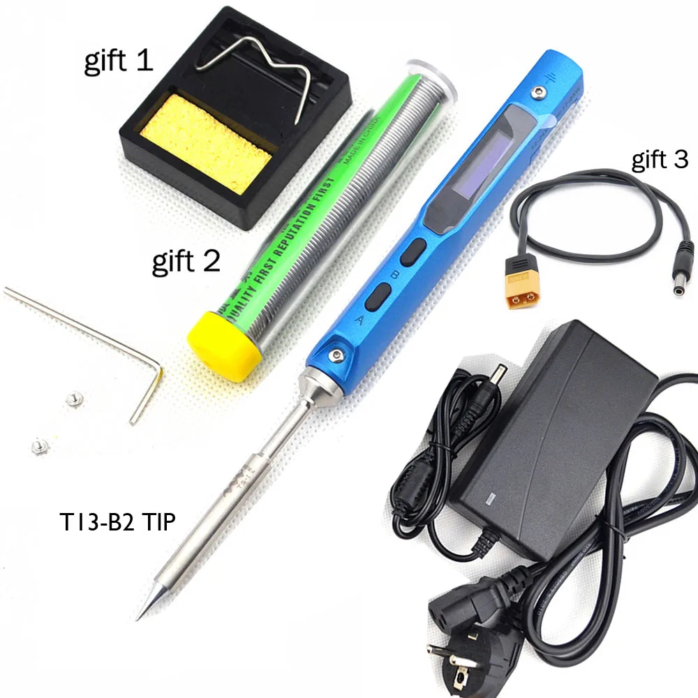 Blue TS100 B2 TIP TS100 Portable MINI Programmable Digital LCD Display Electric Soldering Iron+ Soldering Iron Tip+ 12V DC Power Adapter - Цвет: Blue TS100 B2 TIP