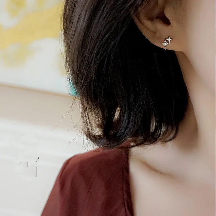 

925 Solid Sterling Silver Piercing Crystal Star Charm Stud Earrings for Women Accessories Earrings Sterling-silver-jewelry B032