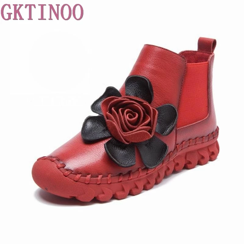 

Big Flower Women's Ankle Boots Soft Flats Shoes Fashion Women Autumn Winter Genuine Leather Shoes Female Large Size 40 41