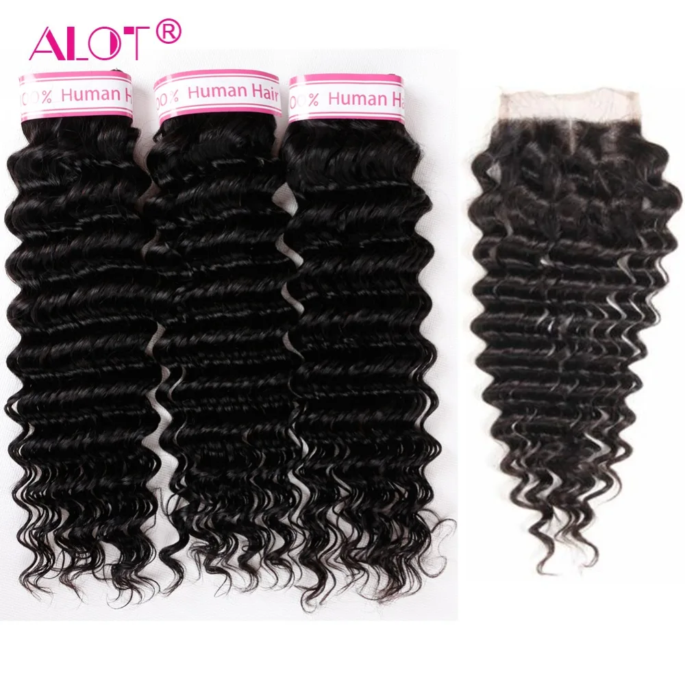 Лосины для волос свободная глубокая волна 3 пучка с закрытием не Реми натуральный