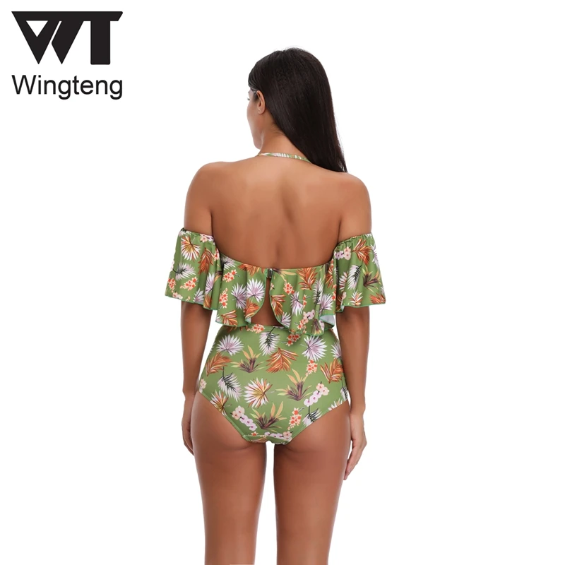 wingteng 2018 купальник женский раздельный высокая талия листьев Лотоса купальный
